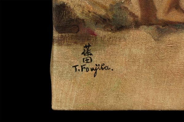 ◇藤田嗣治◇油絵 手描き《散歩》表サイン 裏書(印譜) P12号 額無 模写