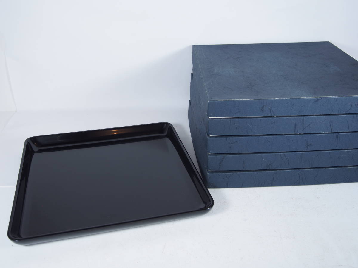木製 真塗 四方会席盆 五客 紙箱付 懐石 茶道具 23 609－29※