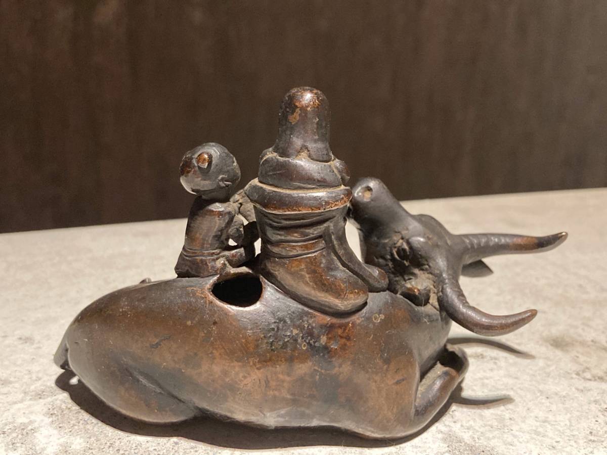 □唐物 古銅 渡金 唐人騎牛硯滴・銅水滴・硯水壺□中国