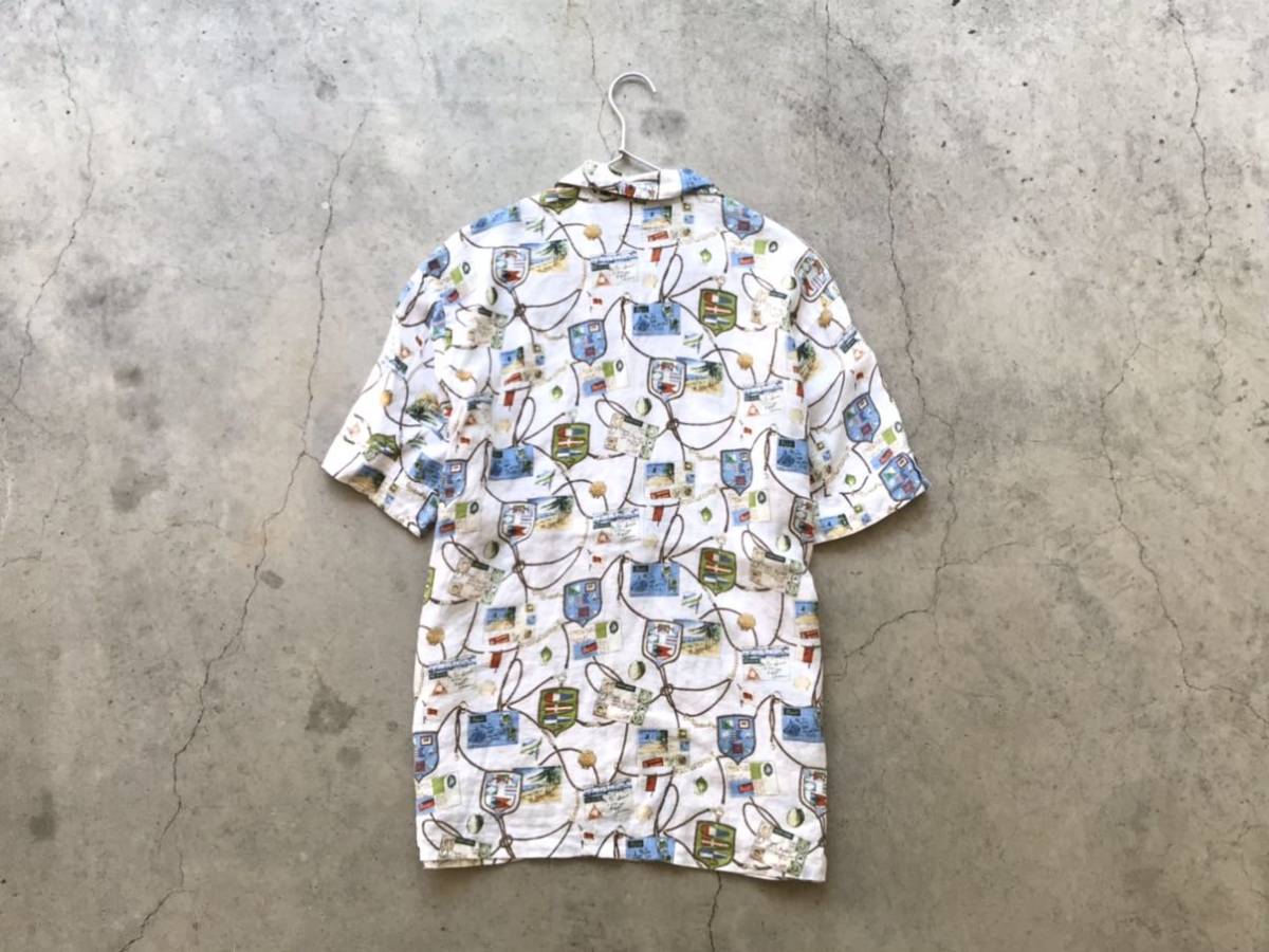 美品 Papas ISLAND リネン アロハシャツ 48/M パパス メンズ 総柄 麻