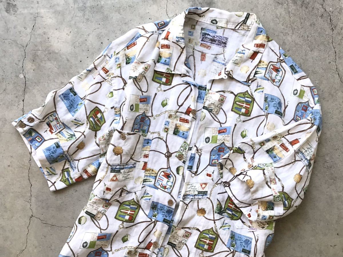 美品 Papas ISLAND リネン アロハシャツ 48/M パパス メンズ 総柄 麻