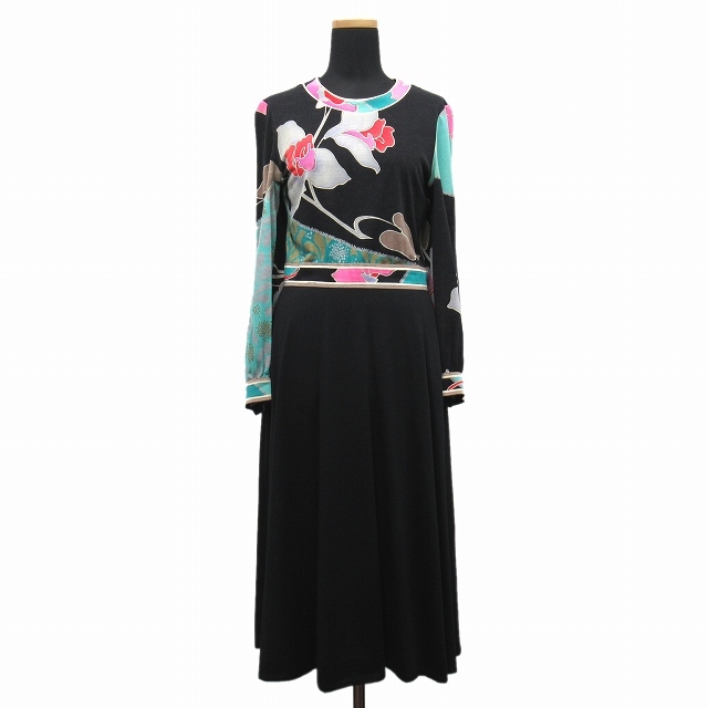 良品】LEONARD 総柄ロングワンピース ブラック 半袖 花柄 L 40 LEONARD