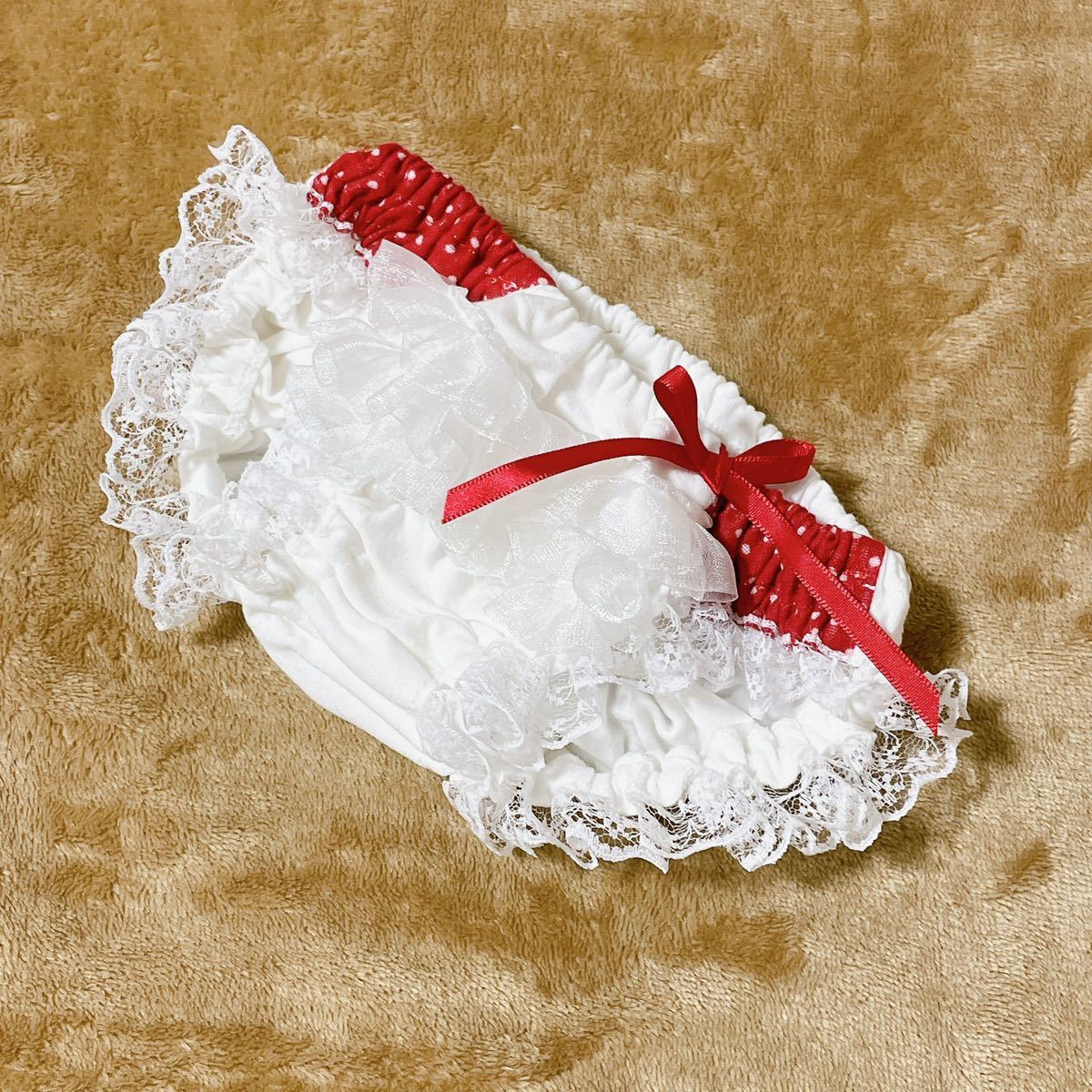 ☆ドット赤☆3段レース 白ホワイト パンティショーツ ハンドメイド アンダースコート風 無使用品　＃216