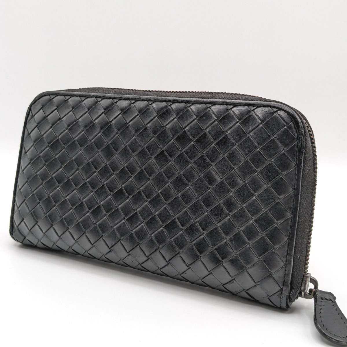 1円 ●美品● BOTTEGA VENETA ボッテガヴェネタ メンズ イントレチャート ラウンドファスナー 長財布 ブラック レザー 男女兼用