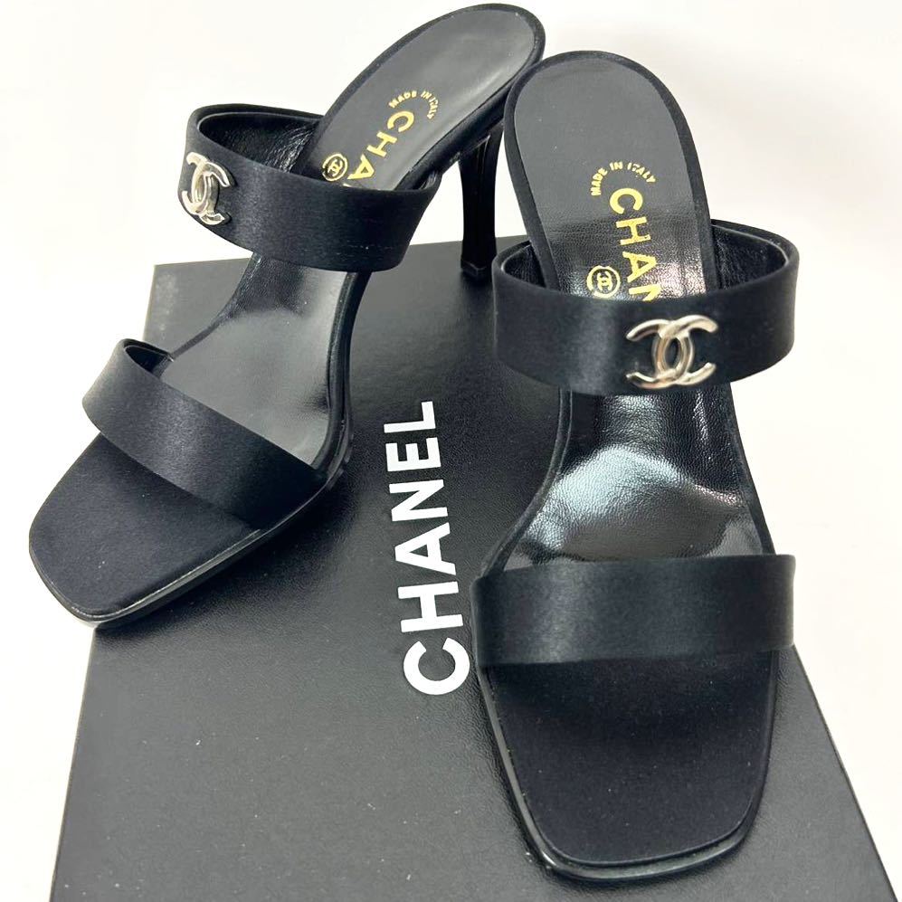 y216 未使用 CHANEL シャネル 00T ココマーク ミュール サンダル サテン レザー ブラック 箱付き 37 イタリア製 A13908 正規品 23.5〜24cm 