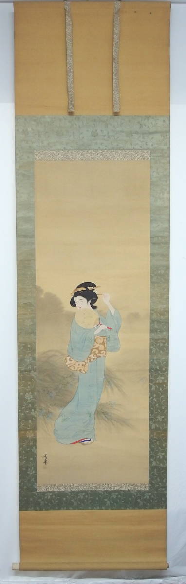 ■日本画 美人画 秀堂 銘 女性 婦人 夏夕散歩 掛軸 絹本 肉筆■