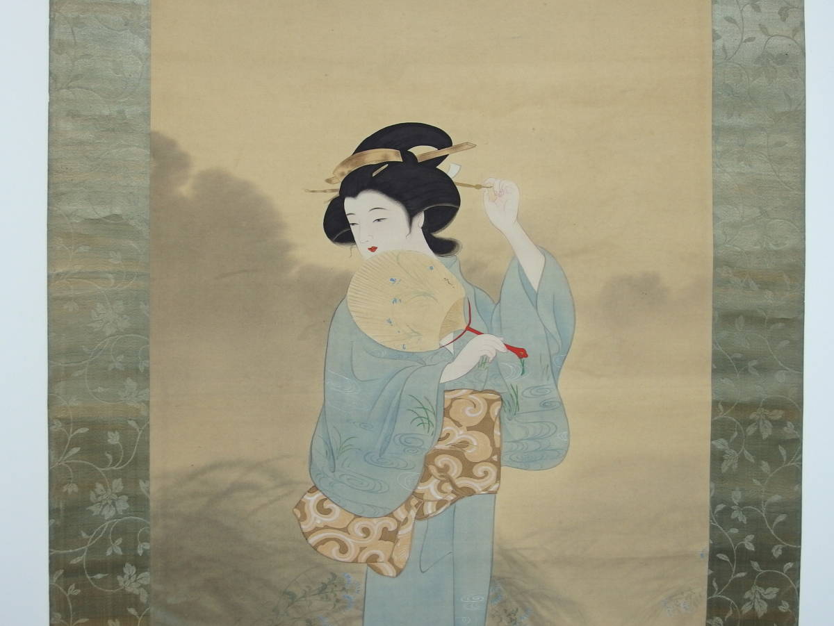 ■日本画 美人画 秀堂 銘 女性 婦人 夏夕散歩 掛軸 絹本 肉筆■