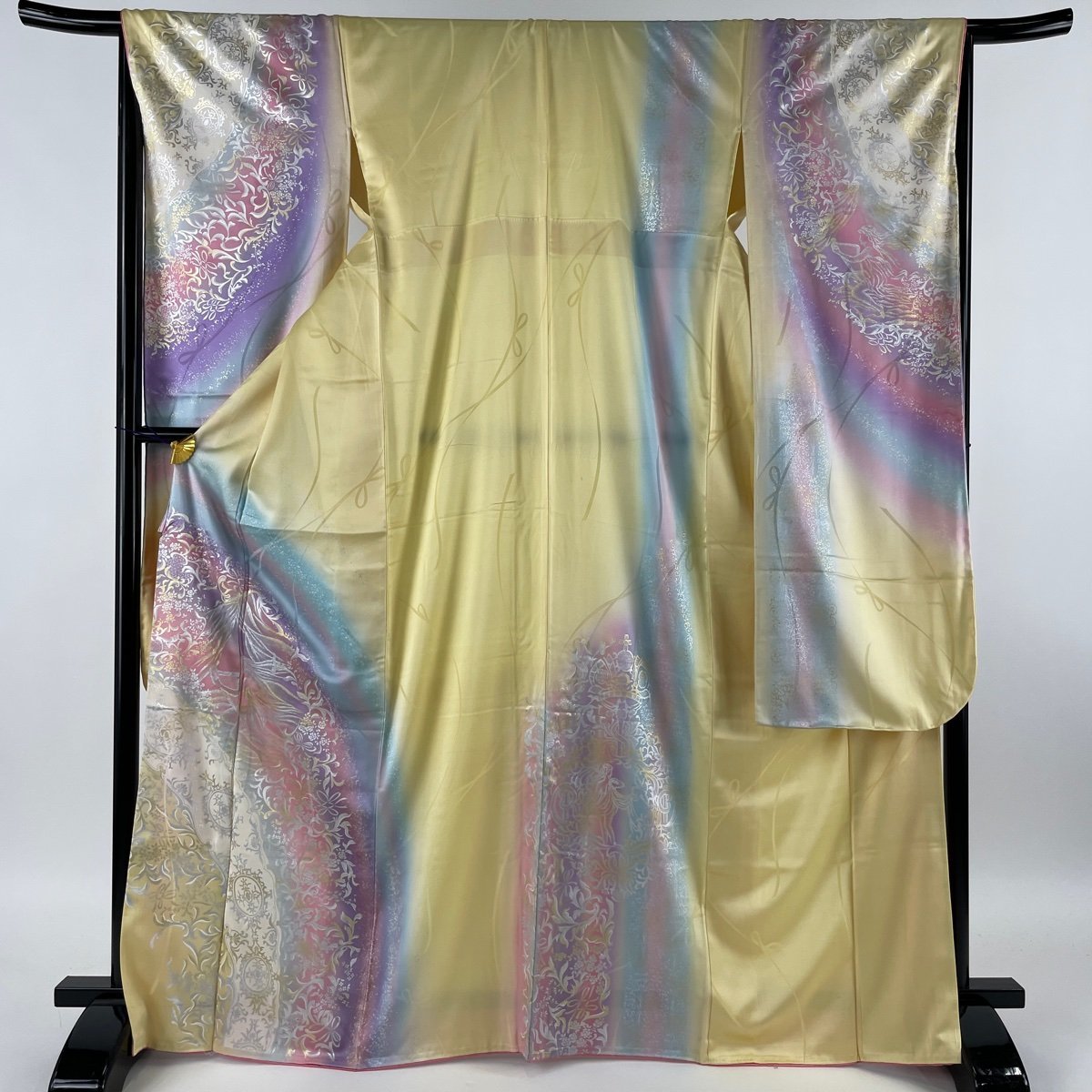 振袖 秀品 落款 草花 人物 金銀彩 染め分け 黄色 袷 身丈169cm 裄丈 