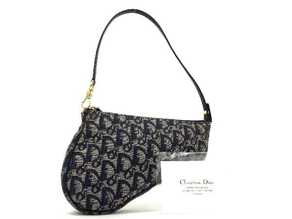 1円 ChristianDior ディオール トロッター サドルバッグ キャンバス×レザー ハンドバッグ レディース ネイビー系 AP1291