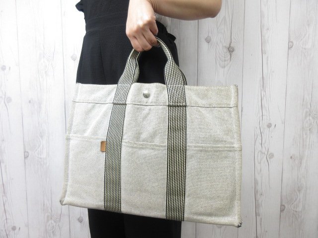 美品 HERMES エルメス フールトゥMM トートバッグ ハンドバッグ バッグ キャンバス グレー×黒 A4収納可 61581