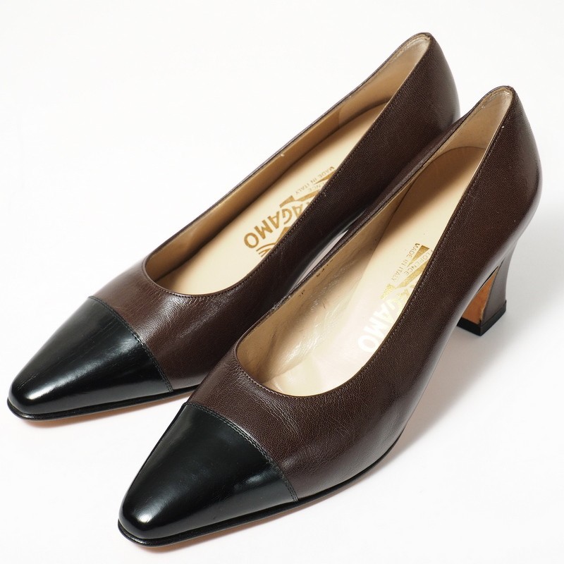 MF0797*未使用*サルヴァトーレフェラガモ*7.5C(24.5cm相当)*レザーパンプス*靴*バイカラー*ブラウン×ブラック系*イタリア製