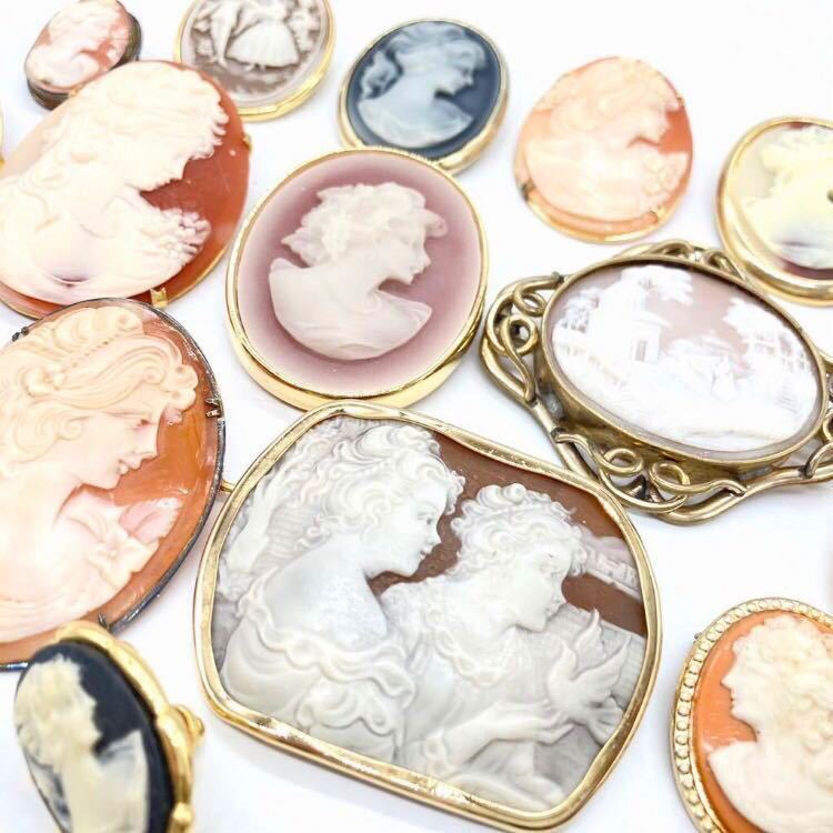 ■カメオブローチ16点おまとめ■u 重量約178.6g ジュエリー jewelry shell cameo CAMEO 貴婦人 ブローチ broach 彫刻 silver CE0 ○
