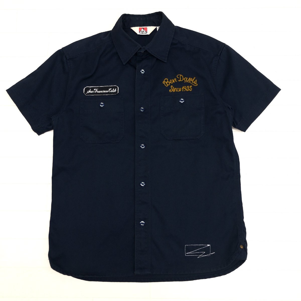 BEN DAVIS ベンデイビス ロゴ刺繍 ワーク シャツ L 濃紺 ネイビー 半袖 国内正規品 メンズ 紳士