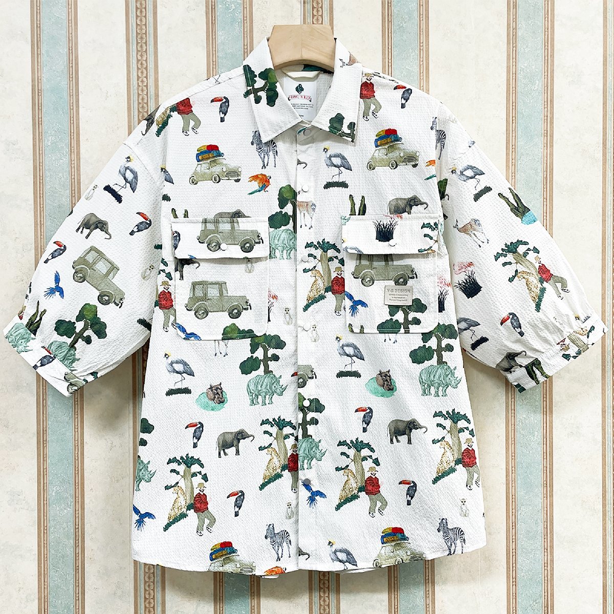 最上質 定価2万 FRANKLIN MUSK・アメリカ・ニューヨーク発 アロハシャツ 半袖シャツ 通気速乾 動物柄 トレンド スウェット 夏服 サイズ2