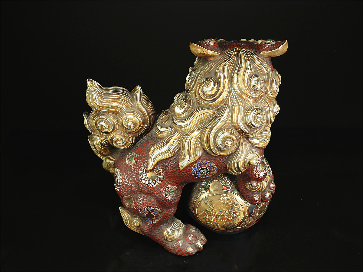 CB253 江戸時代 【古 九谷焼】 金彩 色絵 獅子 置物 ／ 美品 g ！ z