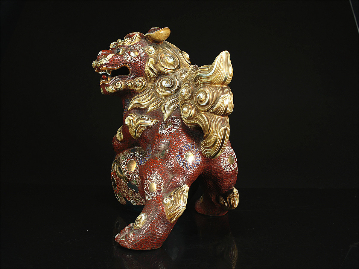 CB253 江戸時代 【古 九谷焼】 金彩 色絵 獅子 置物 ／ 美品 g ！ z