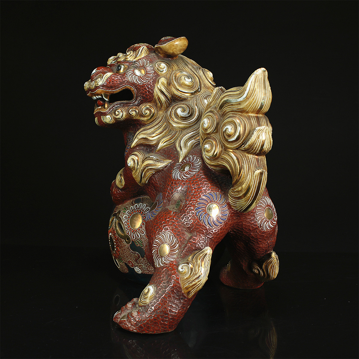 CB253 江戸時代 【古 九谷焼】 金彩 色絵 獅子 置物 ／ 美品 g ！ z