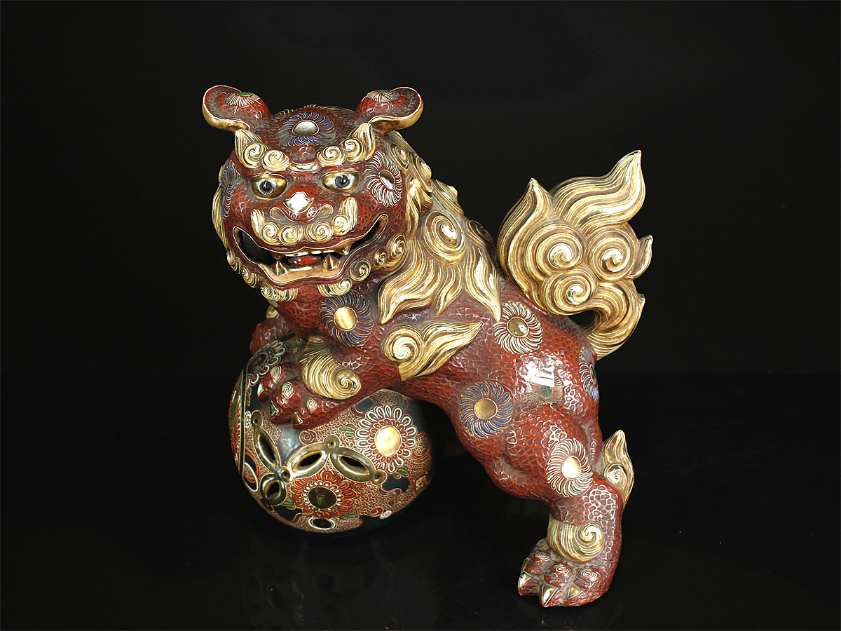 CB253 江戸時代 【古 九谷焼】 金彩 色絵 獅子 置物 ／ 美品 g ！ z