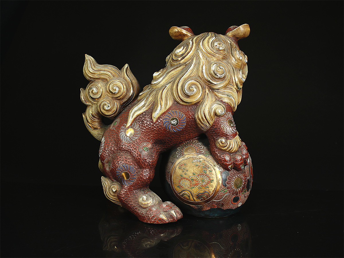 CB253 江戸時代 【古 九谷焼】 金彩 色絵 獅子 置物 ／ 美品 g ！ z