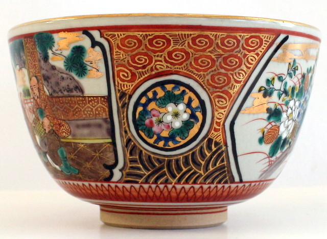 356/☆中古☆九谷焼 九谷庄三 抹茶碗 牡丹と僧侶 高さ：約7.5cm 直径約