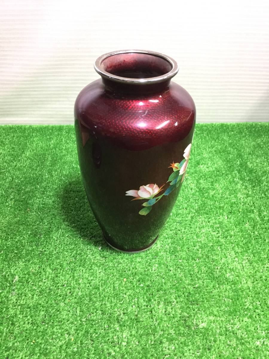 □ 赤透釉ばら紋 七宝花瓶 花瓶 花器 インテリア 七宝工芸 中国美術