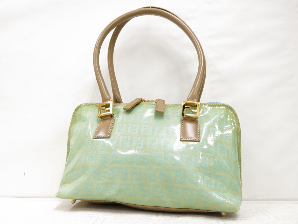 ◆美品◆FENDI フェンディ◆ズッキーノ◆コーティングキャンバス カーフ レザー 本革◆ハンド バッグ◆ライトブルー ベージュ G金具◆A2123
