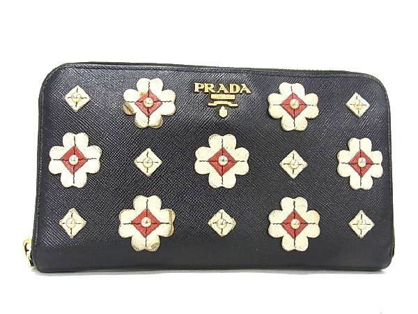 1円 PRADA プラダ サフィアーノレザー 花柄 フラワー ラウンド