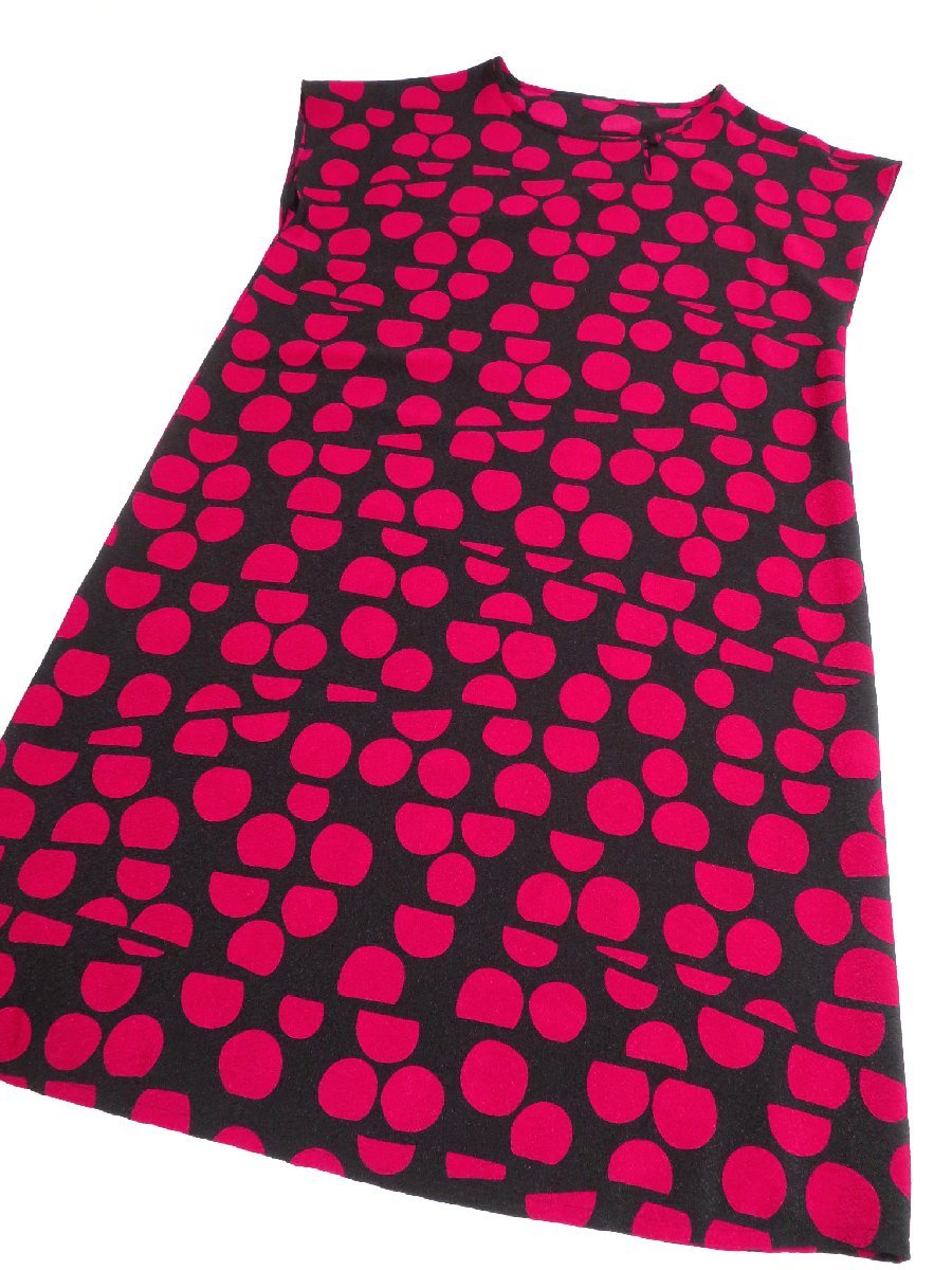 ☆美品☆ヒトシタムラ詩仙堂/洗えるちりめん織りドット柄プリントチュニックワンピース：黒赤ni690