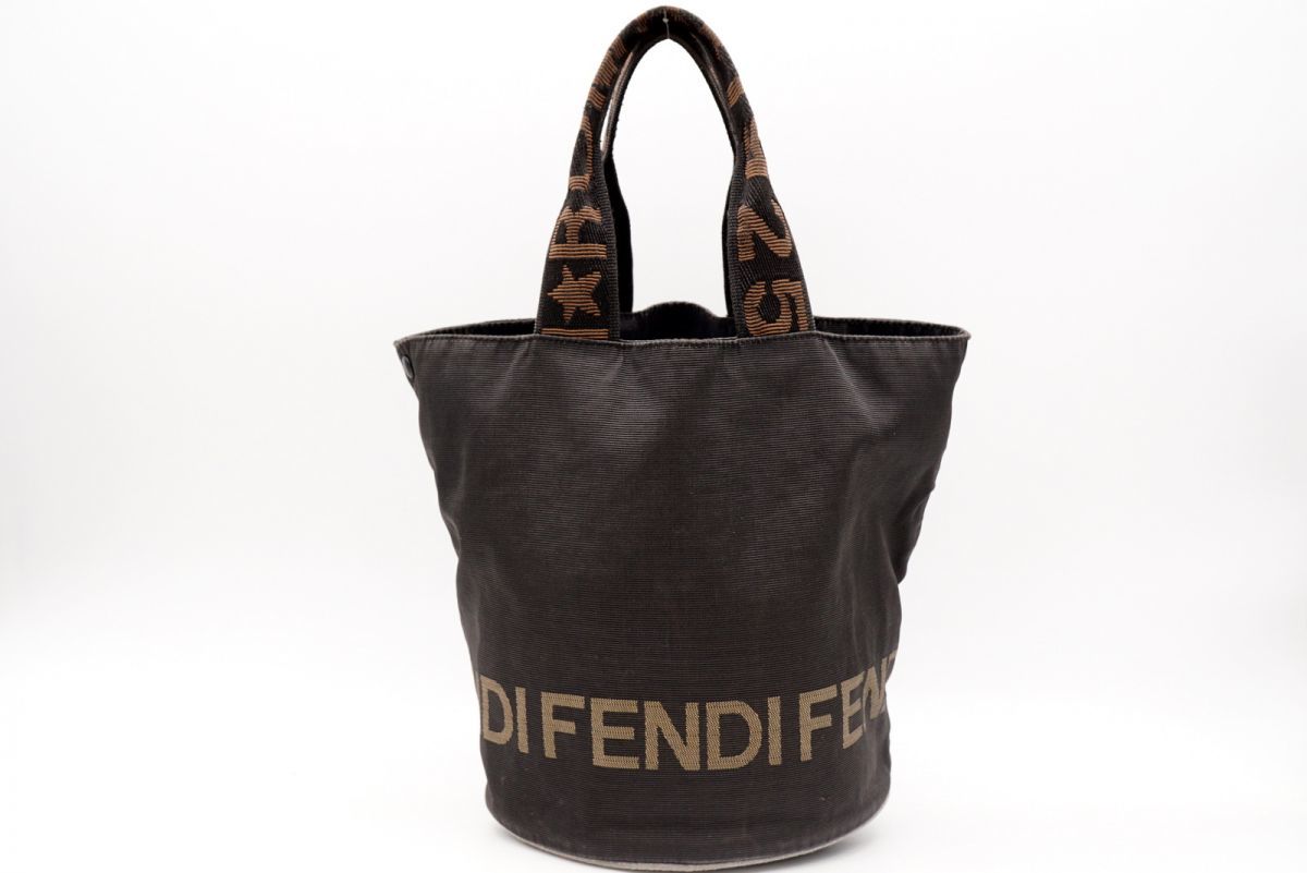 1円〜 フェンディ ミニ ハンドバッグ トート バケツ型 ロゴ ナイロン 黒 ブラック 良品 FENDI 5259h