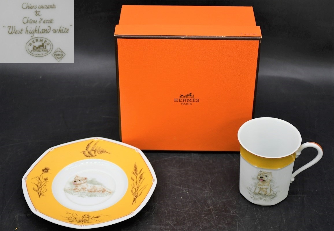 NY8-156【現状品】HERMES　エルメス　West highland white カップ＆ソーサー　犬　うさぎ　洋食器　総重量：約290g　中古品　長期保管品　