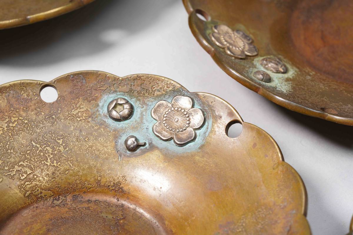 古銅製 桜紋 銀象嵌 小皿 5点セット 美術品 箱付 金属製 YS23720108 