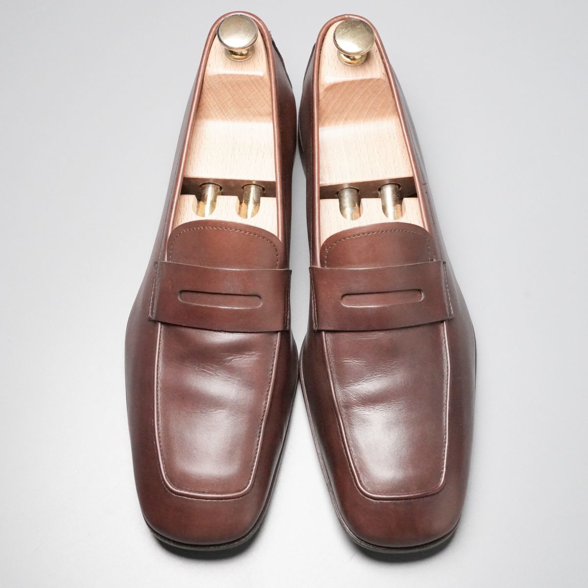 GO0465//イタリア製 プラダ/PRADA メンズ7.5/アンラインド/コインローファー/ペニーローファー/レザースリッポン/革靴/茶/