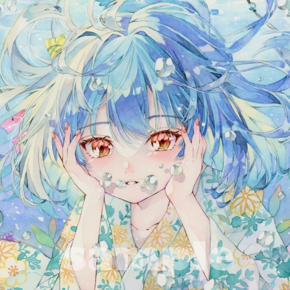 ＊手描きイラストオリジナル 透明水彩 アナログ原画A4『爽涼』ミズギボウシ_1