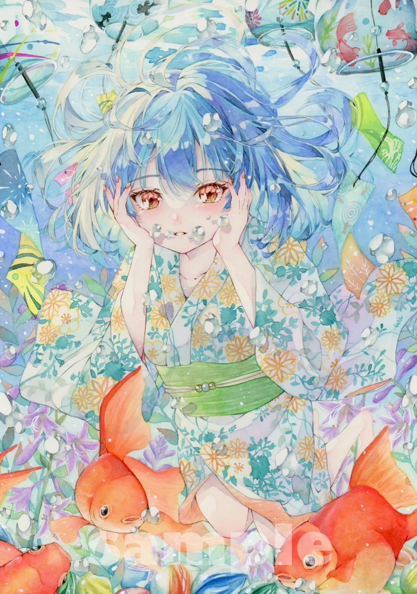 ＊手描きイラストオリジナル 透明水彩 アナログ原画A4『爽涼』ミズギボウシ_2