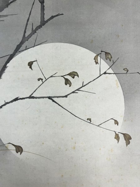 模写 作者不明「月に狸」絹本 満月 たぬき 鬼灯 秋草 すすき 嘉逢 達三