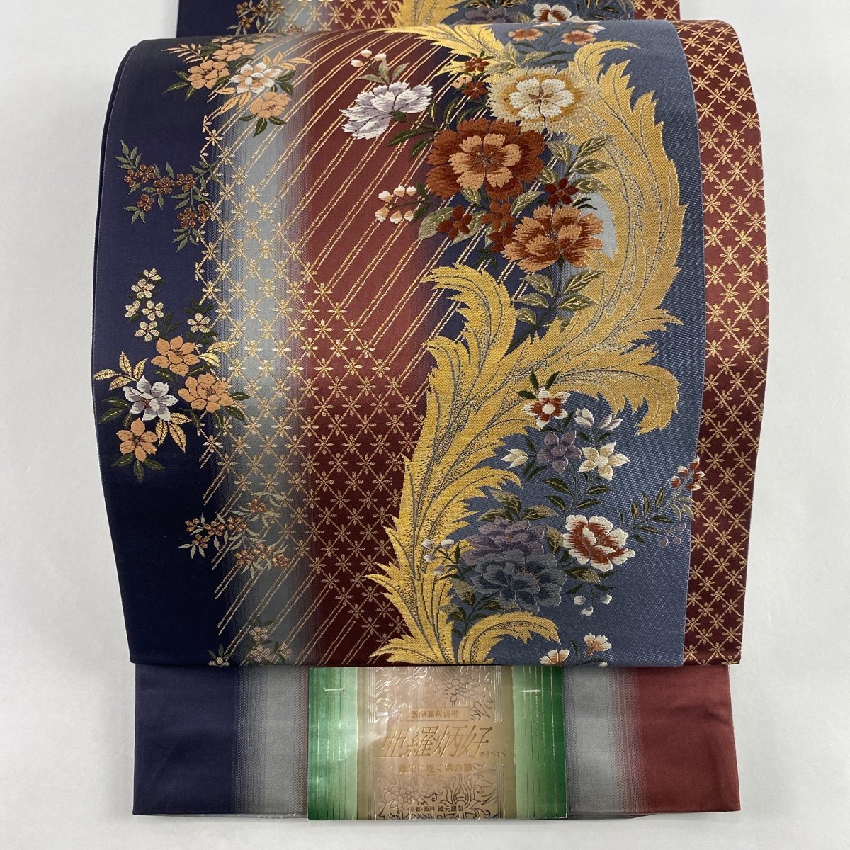 袋帯 美品 秀品 証紙 草花 金糸 箔 青灰色 六通 正絹 【中古】