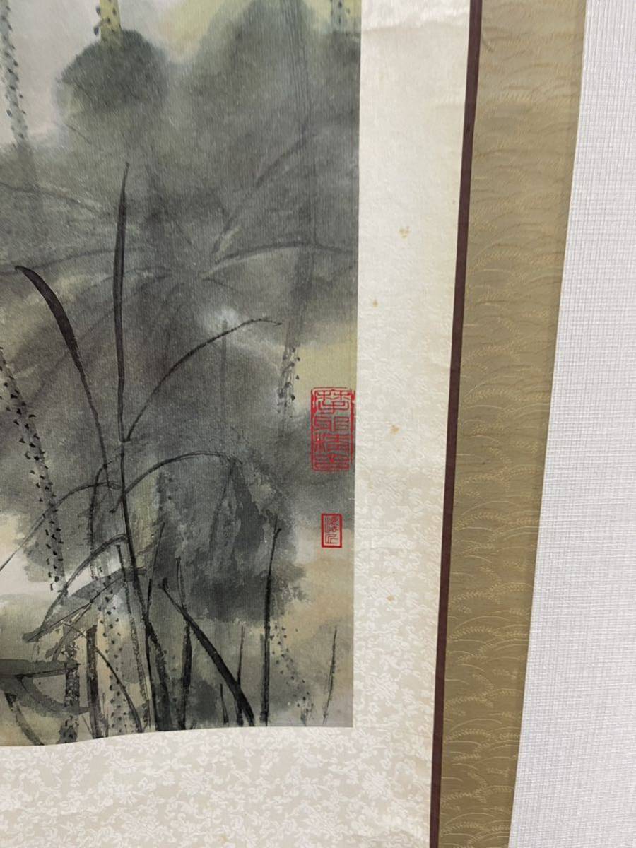 中国古美術 近代 張大千款 荷花白鷺画 水墨画 掛け軸 宣紙 唐物 花鳥画 肉筆 水墨画 掛け軸 宣紙 中国古美術 模写 近代 張大千款 荷花白鷺画 唐物