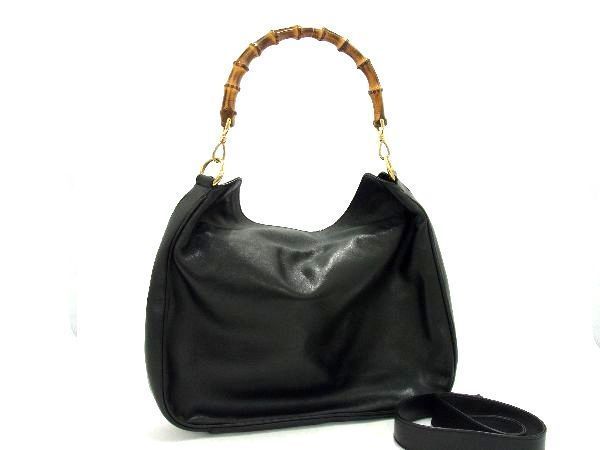 1円 ■美品■ GUCCI グッチ 001 1577 2615 バンブー レザー 2WAY ハンドバッグ ショルダー 肩掛け レディース ブラック系 AQ2354