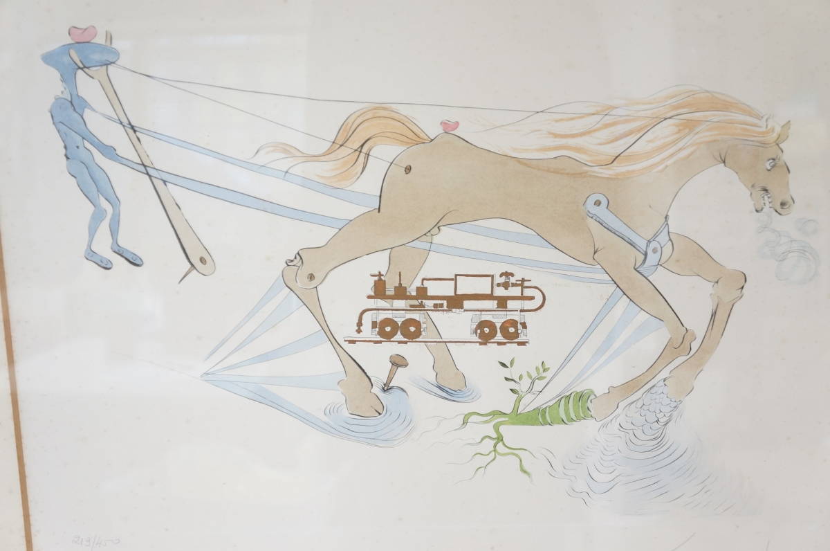 サルバドール・ダリ『L'AUTOMOBILE 』銅版画、手彩色 ed.394/450. 鉛筆
