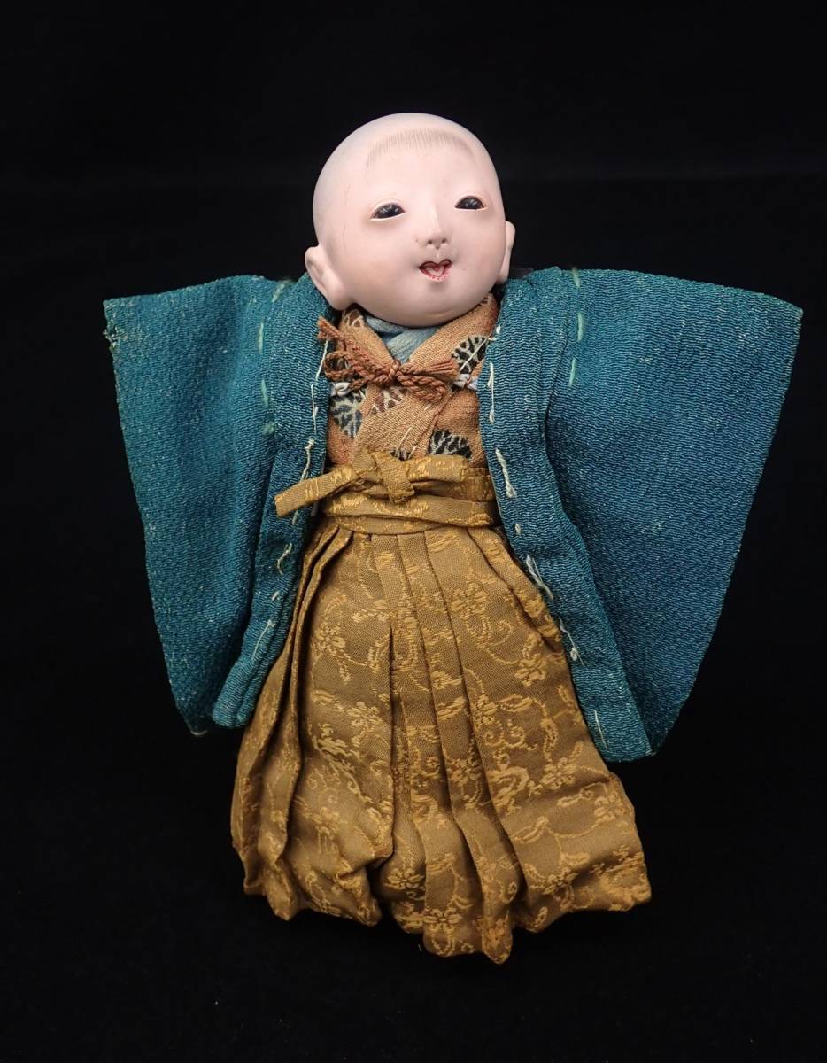 ◆古い日本人形02 市松人形 男の子 着物 ちりめん 袴◆全長17㎝/消費税0円