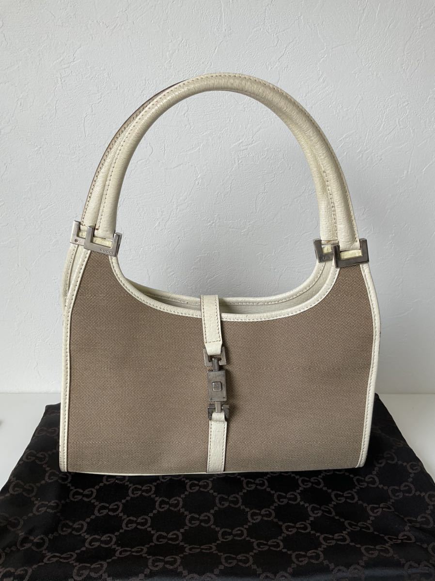 営MK245-80◇ GUCCI グッチ ジャッキー キャンバス×レザー ベージュ 