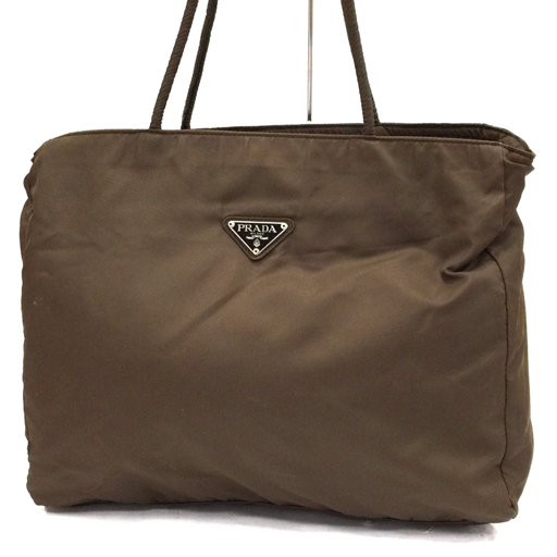 プラダ トートバッグ ハンドバッグ 鞄 三角プレート ブラウン系 茶系 ギャランティーカード付き PRADA QR092-7