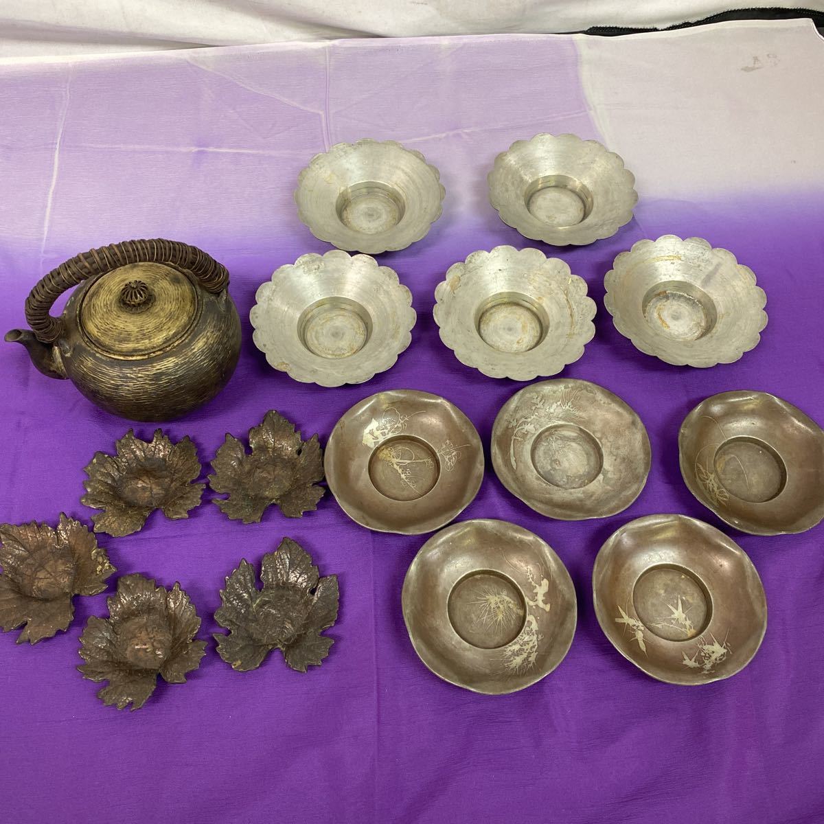 ◇煎茶道具 まとめ売り 茶器 急須 茶托 金属製 銅？ 真鍮？ 錫？ 乾茂