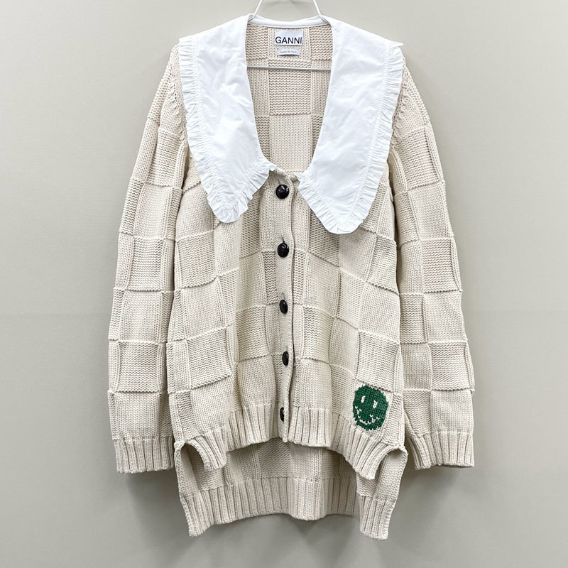 【HM L-16】 中古　GANNI/ガニー　ニット カーディガン　チェッカーボード編み　スマイル　アイボリー　イタリア製　レディース XL