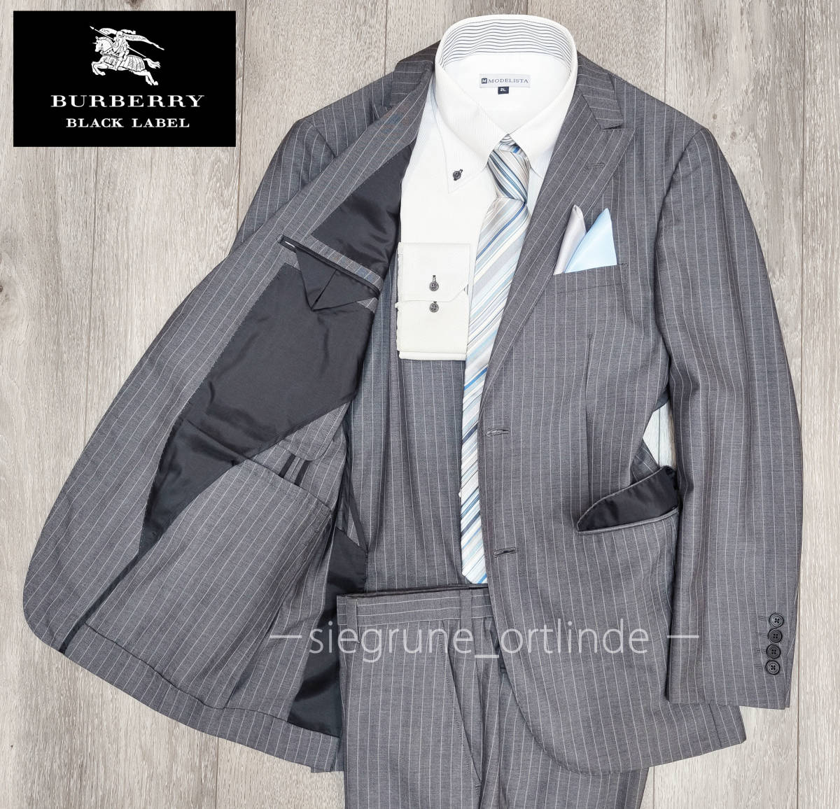 良品 バーバリー ブラックレーベル ピークドラペル ストライプ スーツ 92-76-170 38R Mサイズ BURBERRY BLACK ...