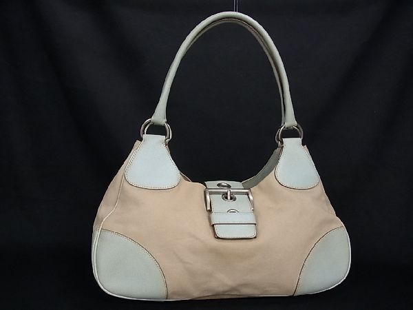 1円 PRADA プラダ キャンバス×レザー ショルダーバッグ ハンドバッグ 