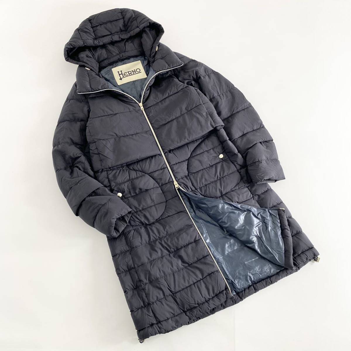 49i3《美品》 HERNO ヘルノ ロングダウンコート サイズ42 ネイビー