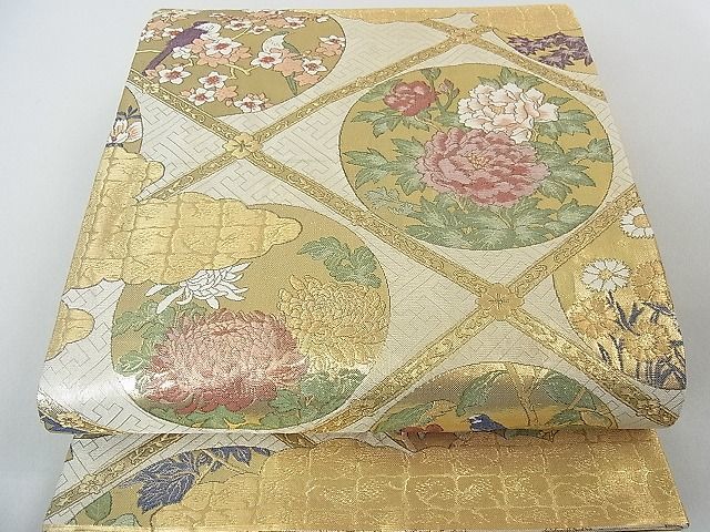 平和屋2□佐賀錦 丸帯 格天井花鳥文 金銀糸 箱付き 逸品 eee5624 帯