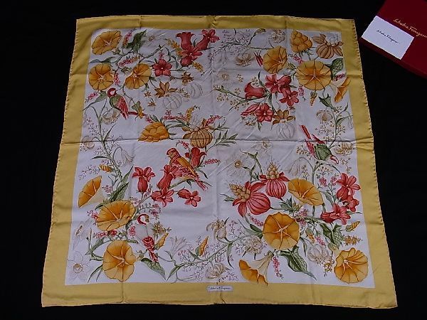 1円 □極美品□ Salvatore Ferragamo フェラガモ シルク100% 鳥 花柄