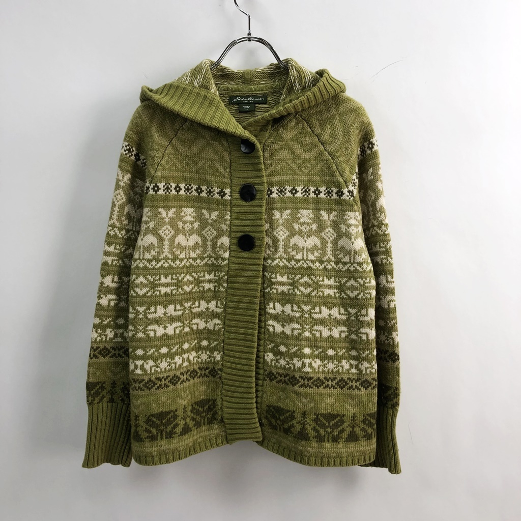 ノルディック柄★Eddie Bauer/エディー・バウアー長袖ニット フード付き カーディガン 総柄グリーン系 サイズS レディース